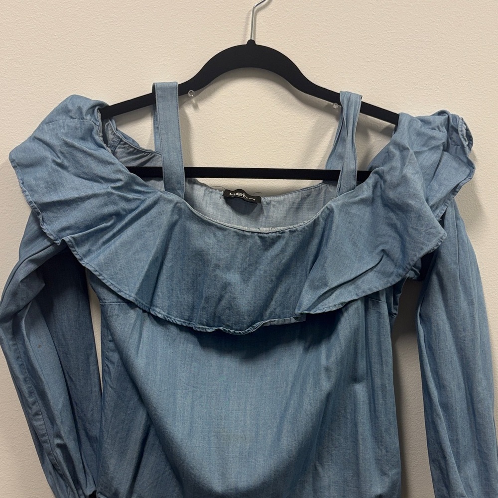 bebe Denim Blue Ruffled Blouse